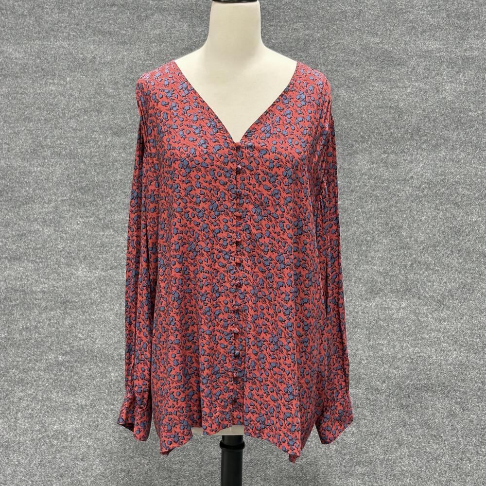 J.Jill Blouse Womens 3X Red Blue Floral V-Neck Long Sleeve Button Cuff Tunic